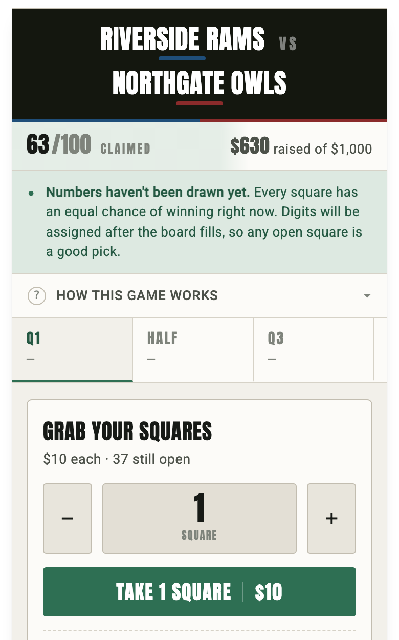 Football Squares board on a phone, with squares on sale before the digits are drawn