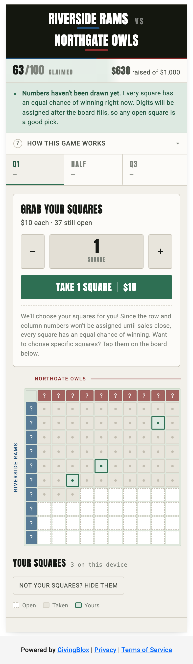 Football Squares board while squares are on sale, showing the quantity picker